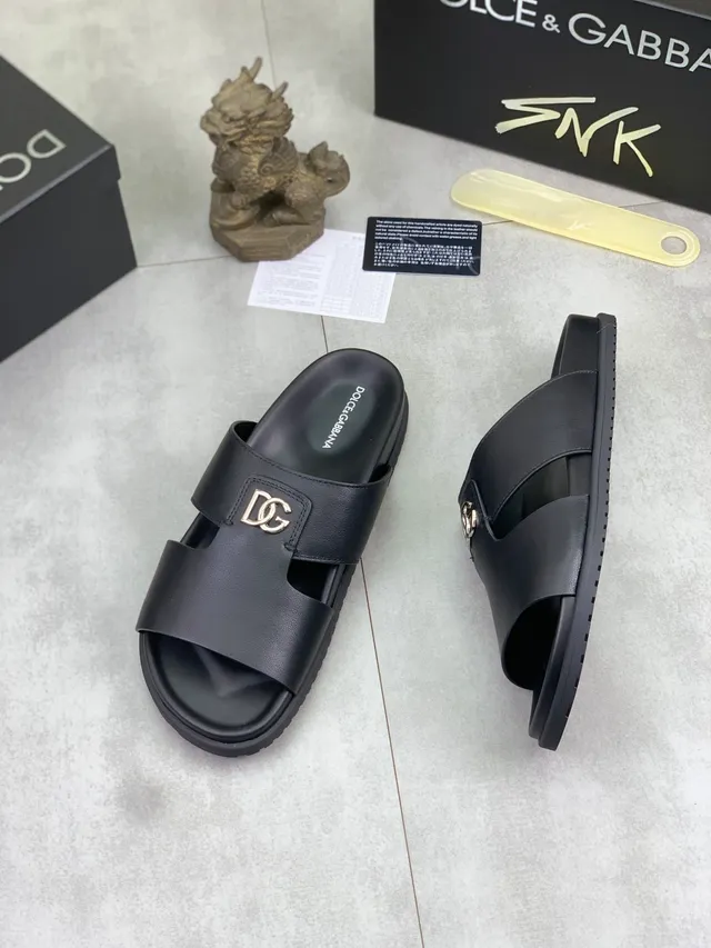 Dolce & Gabbana Portofino Black Leather DG Logo Slippers 5
