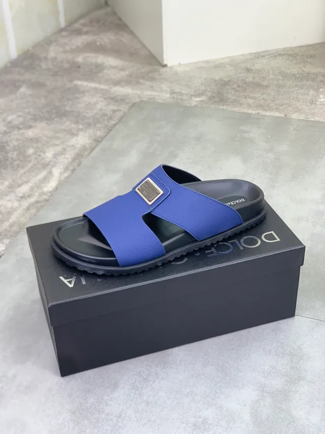 Dolce & Gabbana Portofino Blue Pebbled Leather Slide Slippers 4