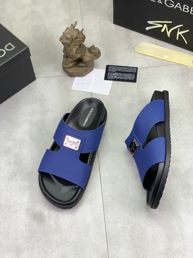 Dolce & Gabbana Portofino Blue Pebbled Leather Slide Slippers 5