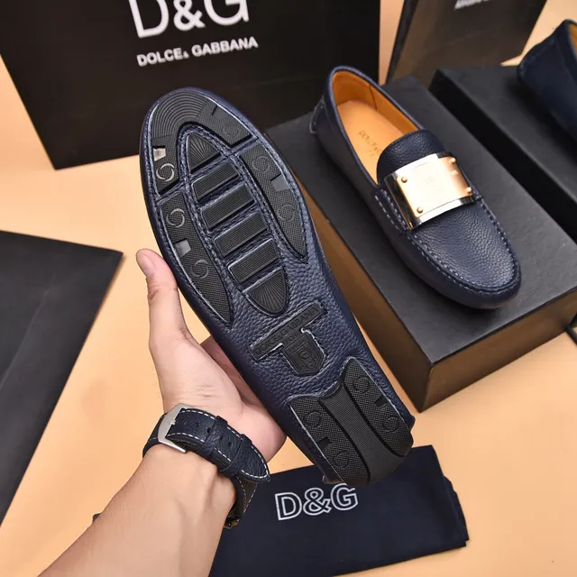 Dolce & Gabbana Portofino Navy Blue Pebbled Leather Loafers 7