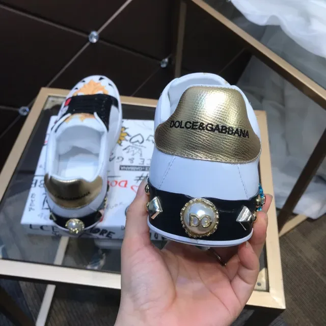 Dolce & Gabbana Blanc Noir Motif Lion Brodé Tab Talon Doré Sneakers Lifestyle 6