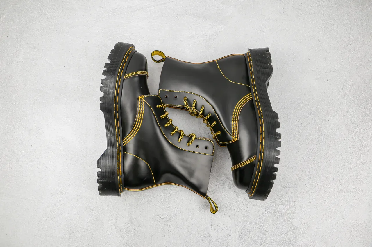 Dr. Martens Black Yellow Leather Contrast Stitching Martin Boots 9