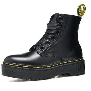 Dr. Martens Jadon काला स्मूथ चमड़ा प्लेटफॉर्म मार्टिन बूट्स