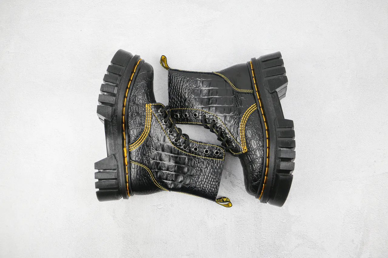 Dr. Martens Jadon Black Yellow Crocodile-Embossed Leather Contrast Stitching Martin Boots 2