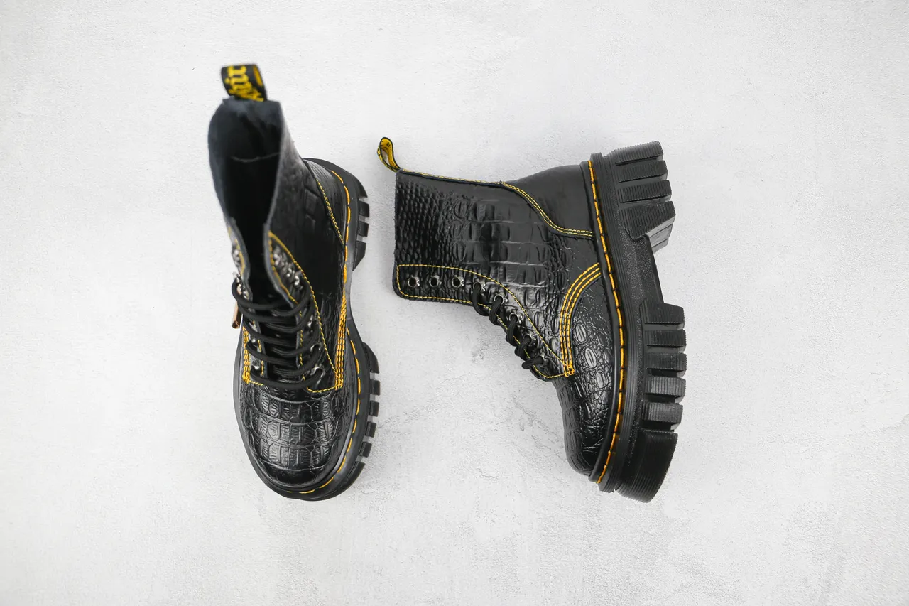 Dr. Martens Jadon Black Yellow Crocodile-Embossed Leather Contrast Stitching Martin Boots 3