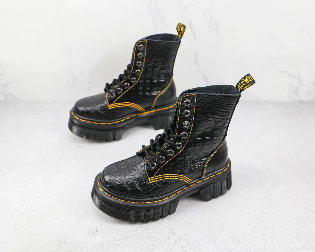 Dr. Martens Jadon Black Yellow Crocodile-Embossed Leather Contrast Stitching Martin Boots 4