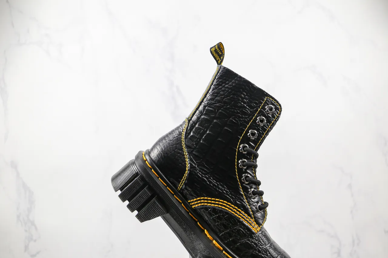 Dr. Martens Jadon Black Yellow Crocodile-Embossed Leather Contrast Stitching Martin Boots 5