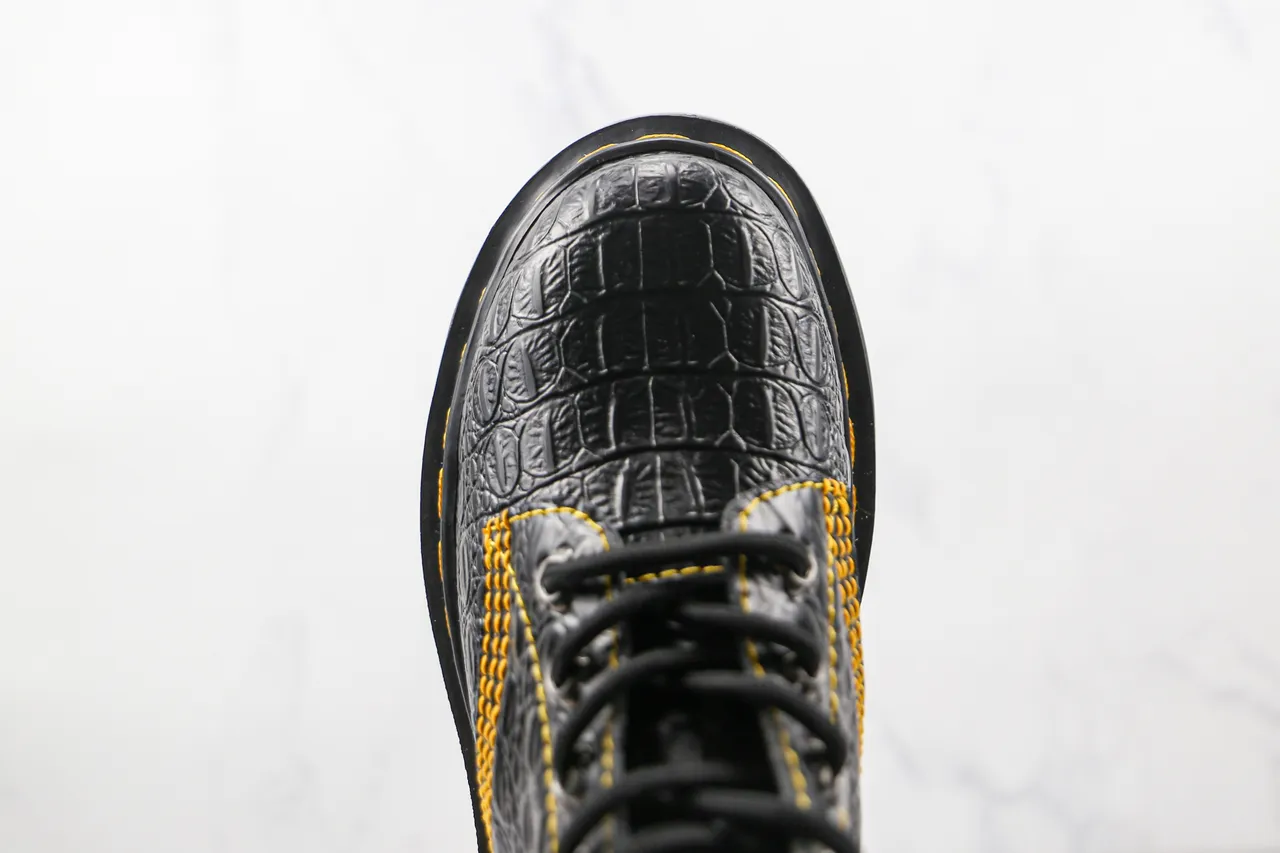 Dr. Martens Jadon Black Yellow Crocodile-Embossed Leather Contrast Stitching Martin Boots 6