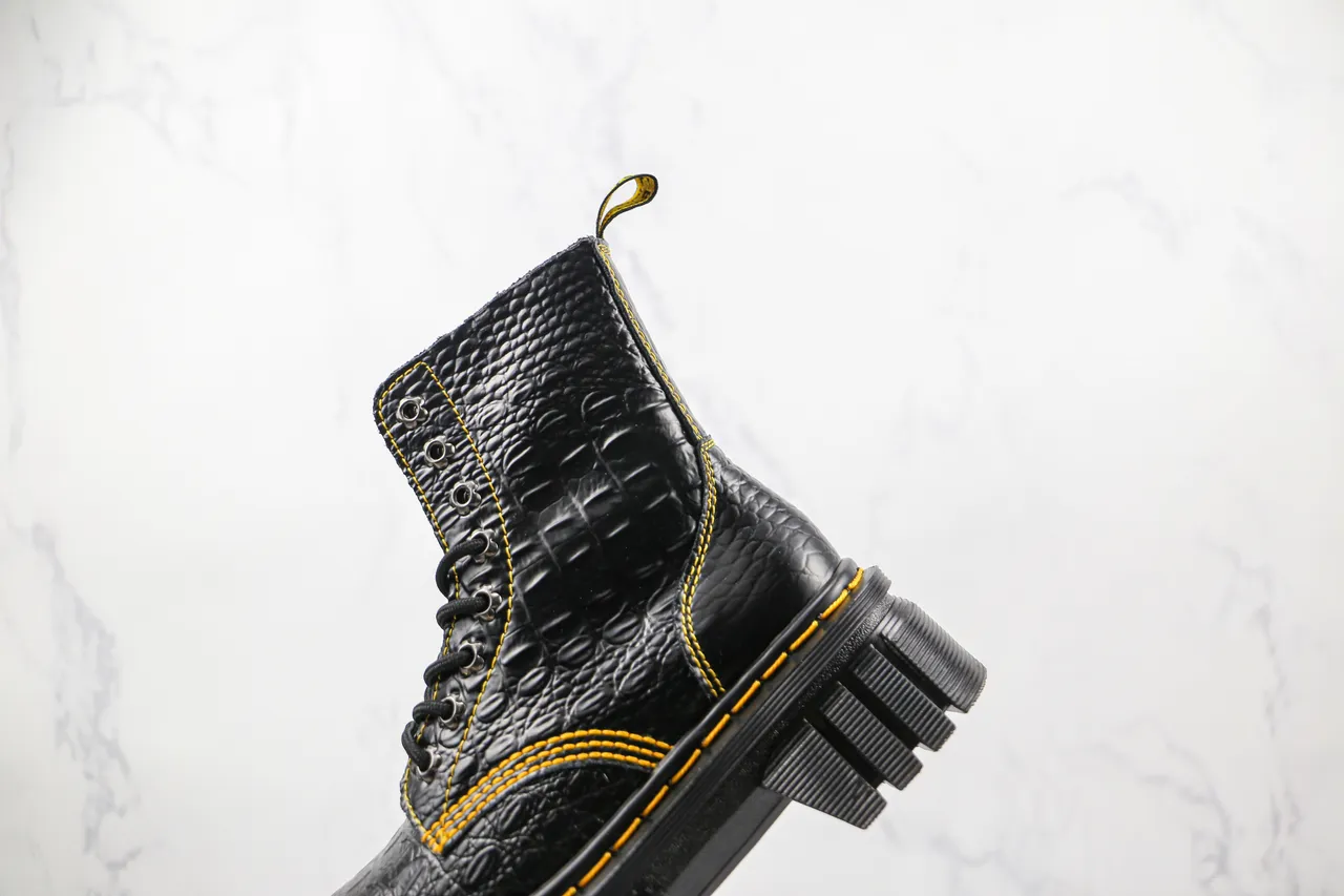 Dr. Martens Jadon Black Yellow Crocodile-Embossed Leather Contrast Stitching Martin Boots 7