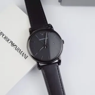 Emporio Armani काला डायल लेदर स्ट्रैप क्वार्ट्ज घड़ी