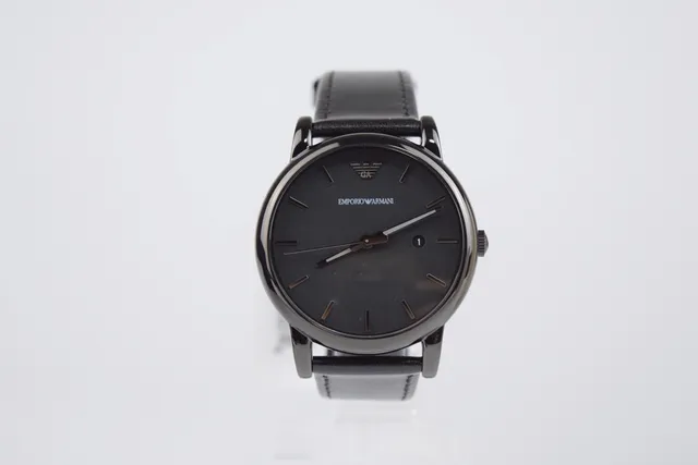 Emporio Armani काला डायल लेदर स्ट्रैप क्वार्ट्ज घड़ी 2