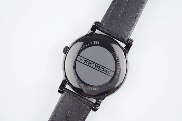Emporio Armani काला डायल लेदर स्ट्रैप क्वार्ट्ज घड़ी 5