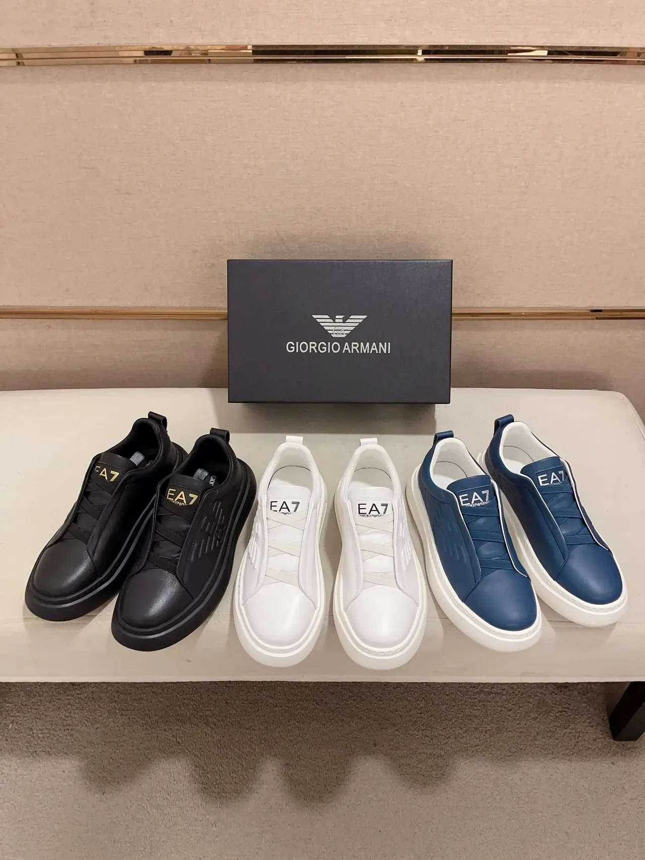 Emporio Armani Black Gold Laceless Slip-On Embossed Eagle Motif Lifestyle Sneakers 2