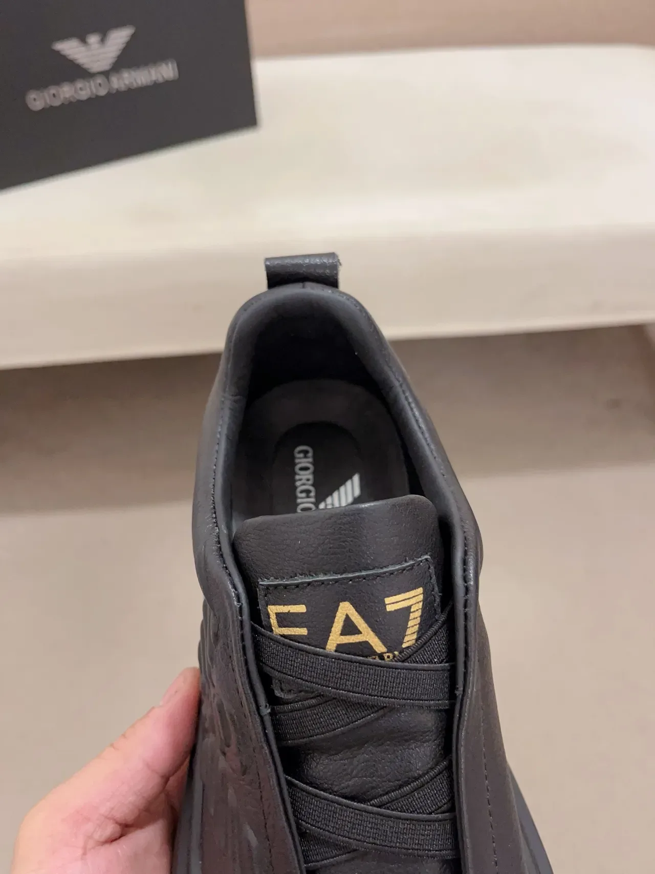 Emporio Armani Black Gold Laceless Slip-On Embossed Eagle Motif Lifestyle Sneakers 4