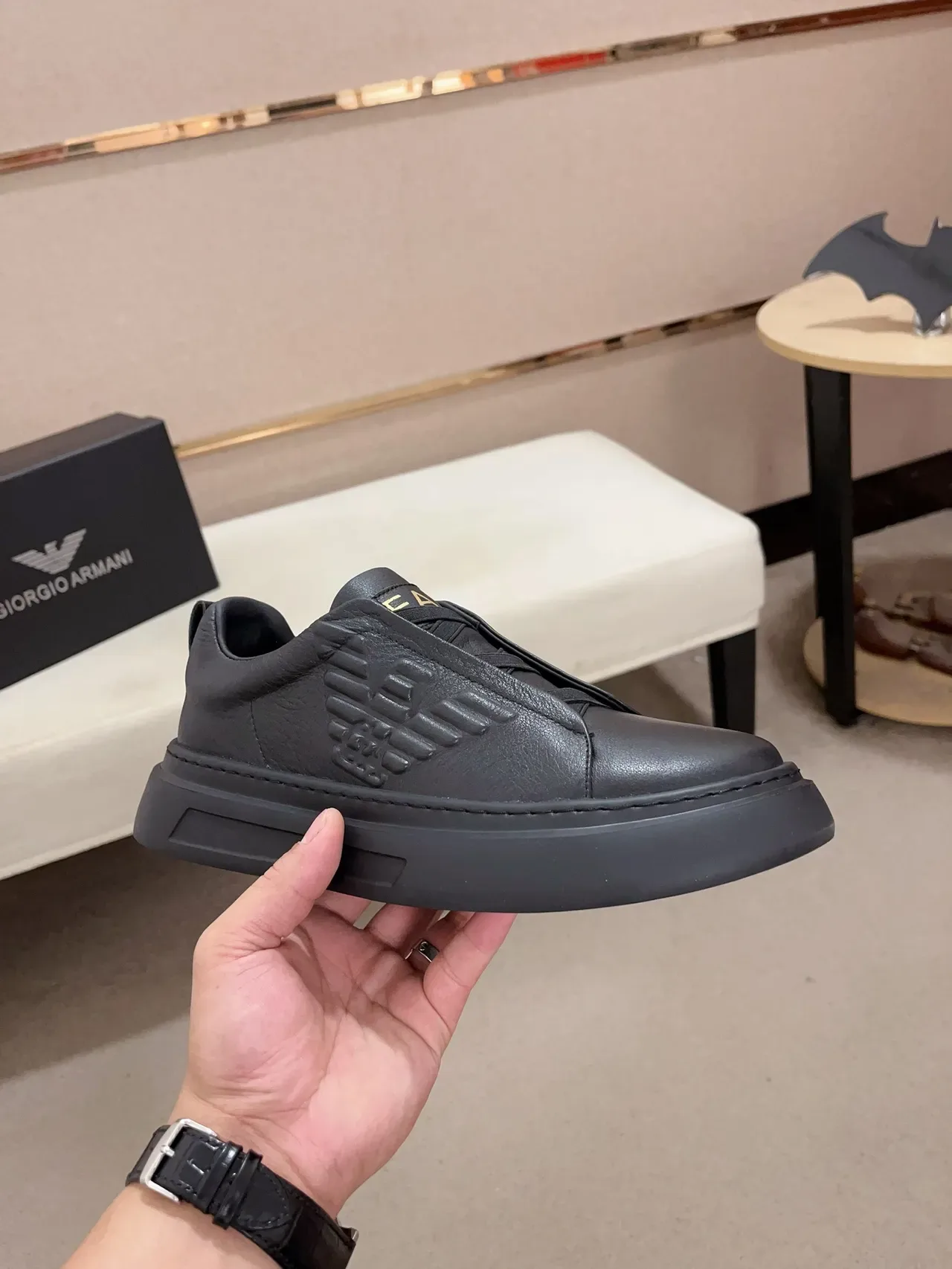 Emporio Armani Black Gold Laceless Slip-On Embossed Eagle Motif Lifestyle Sneakers 5