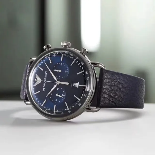Emporio Armani ক্রোনোগ্রাফ নীল ডায়াল কালো চামড়ার ব্যান্ড যান্ত্রিক ঘড়ি 3