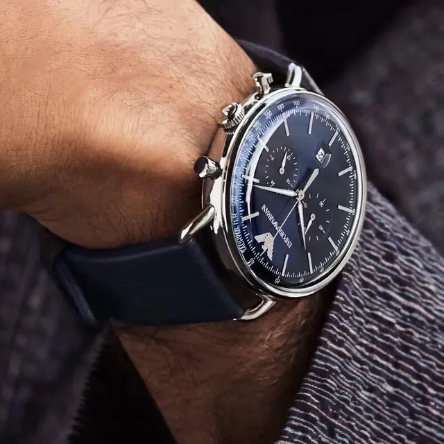 Emporio Armani ক্রোনোগ্রাফ নীল ডায়াল কালো চামড়ার ব্যান্ড যান্ত্রিক ঘড়ি 4