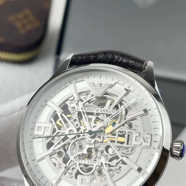 Emporio Armani Meccanico Skeleton Silver-Tone ساعة ميكانيكية 7