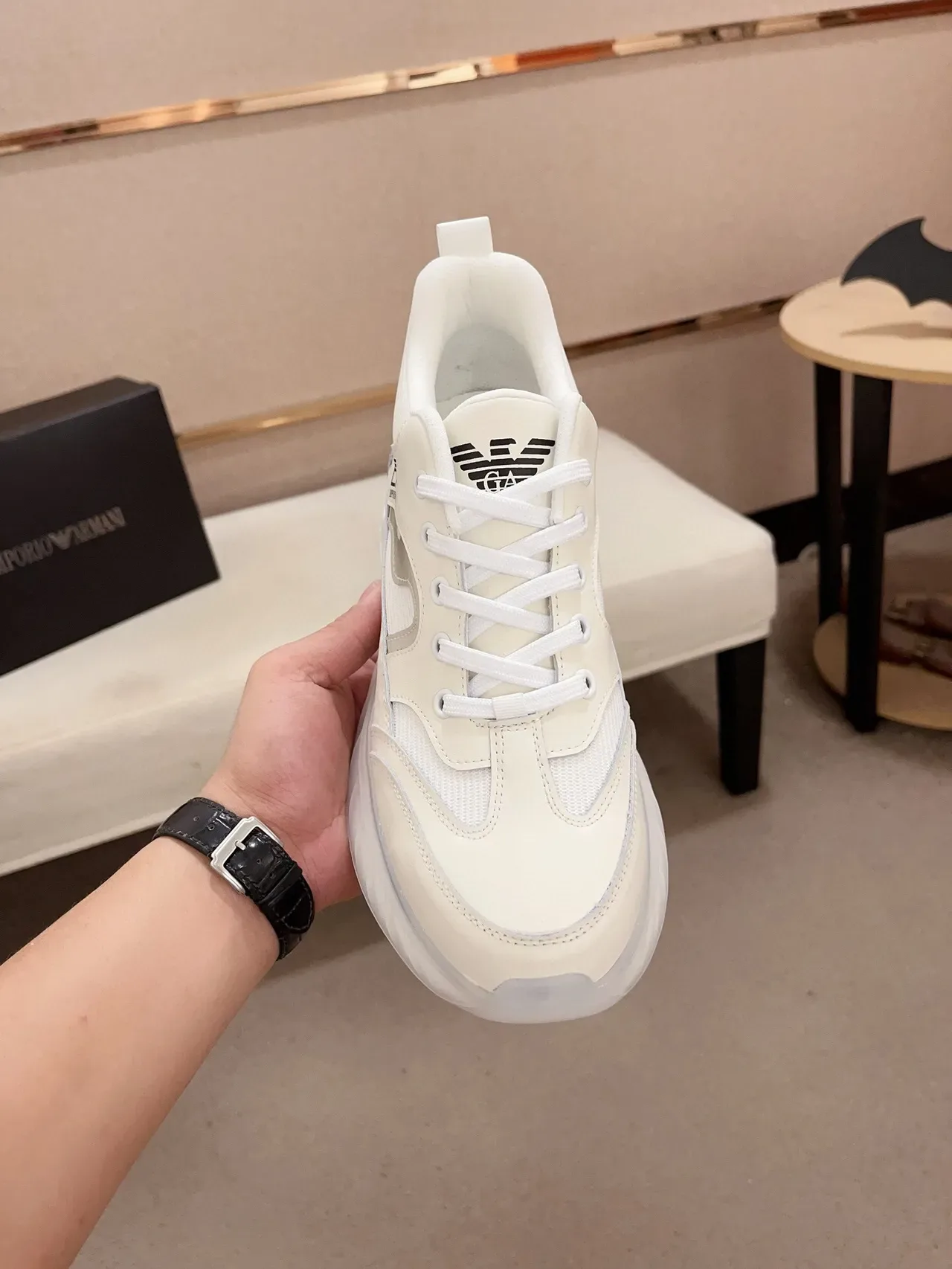 Emporio Armani Sneakers Chunky Blanches en Cuir-Mesh 2