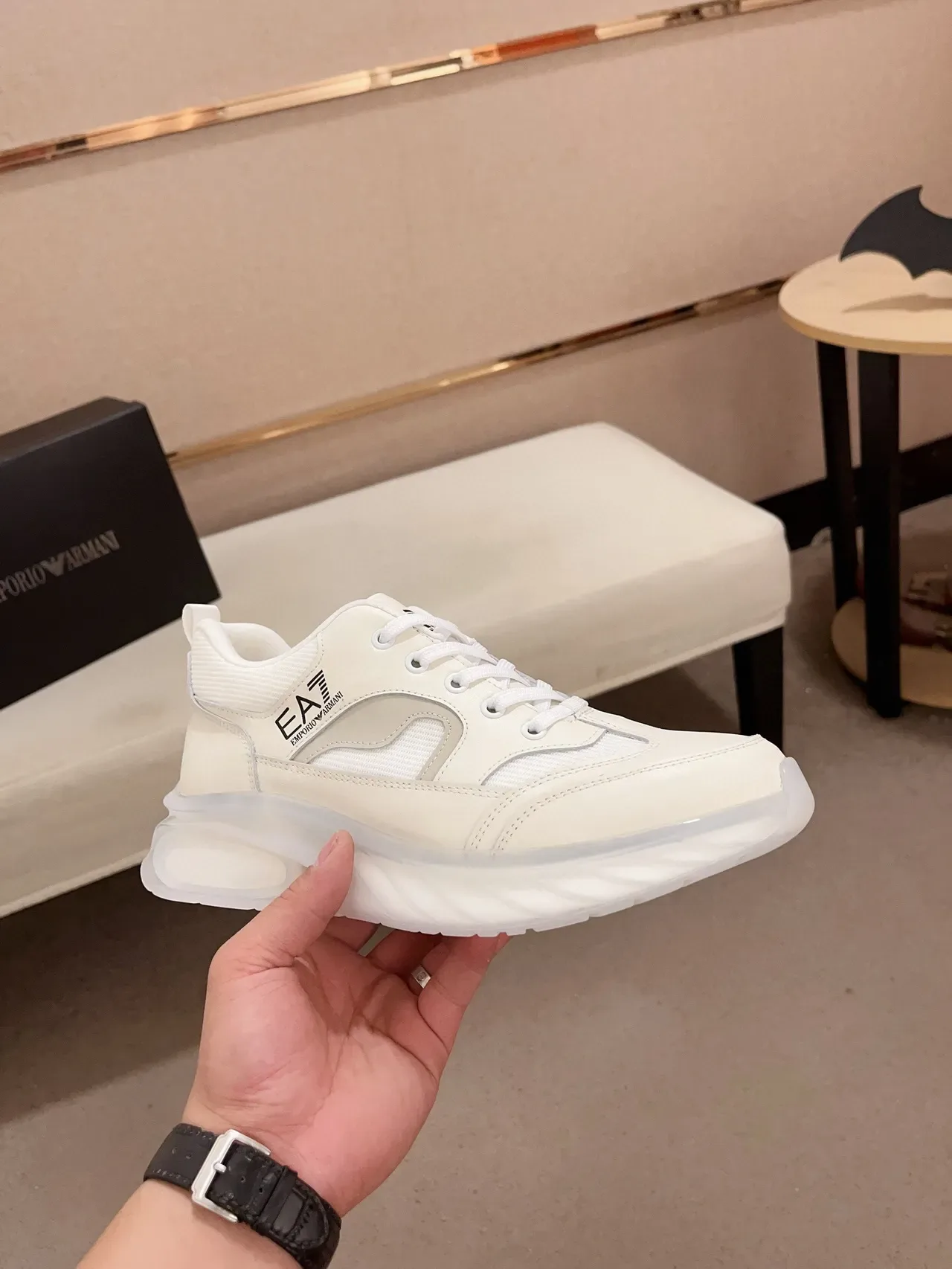 Emporio Armani Sneakers Chunky Blanches en Cuir-Mesh 4