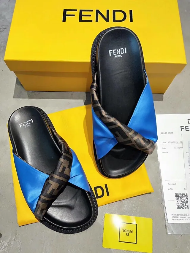 Fendi Black Blue Cross-Strap Satin-Accented Slippers 2