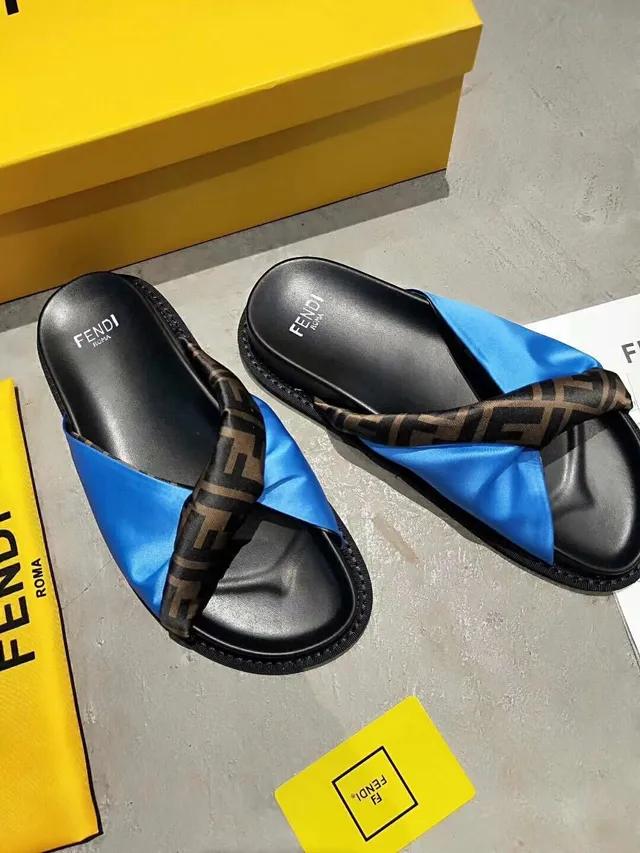 Fendi Black Blue Cross-Strap Satin-Accented Slippers 3