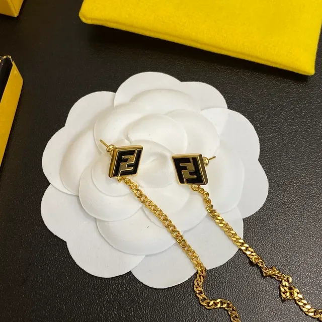 Fendi FF Chain Gold-Tone Black Enamel Earrings 2