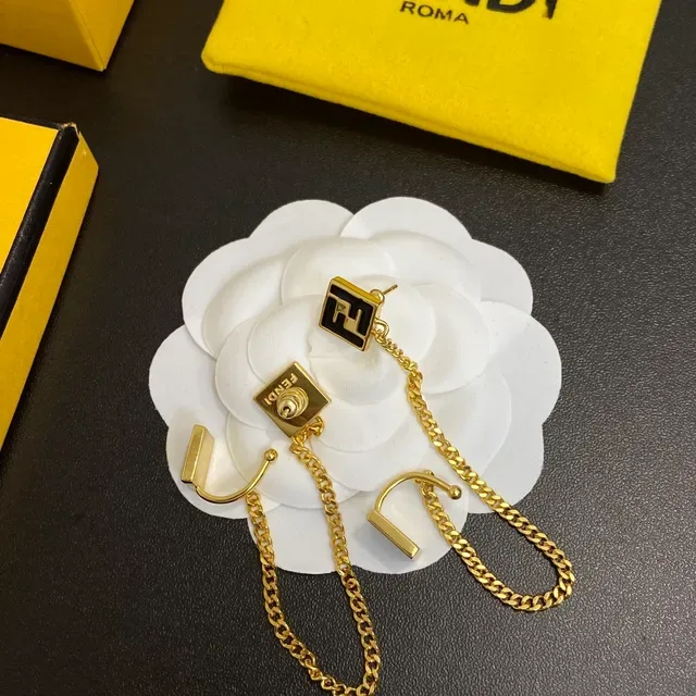 Fendi FF Chain Gold-Tone Black Enamel Earrings 3