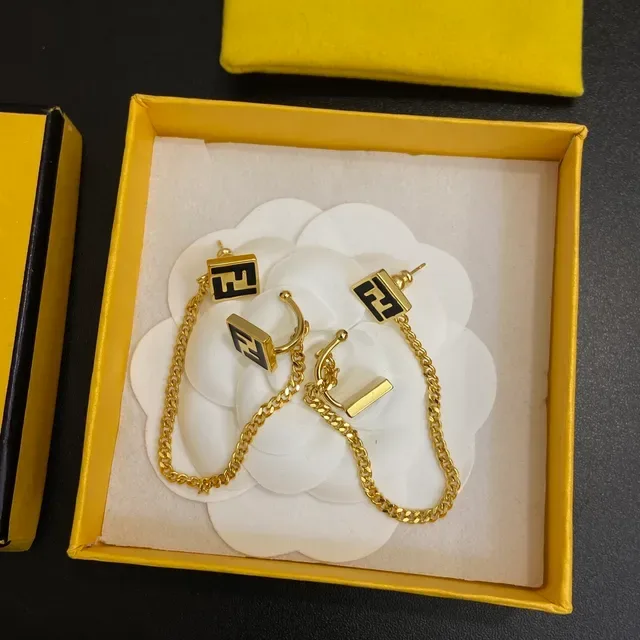 Fendi FF Chain Gold-Tone Black Enamel Earrings 4