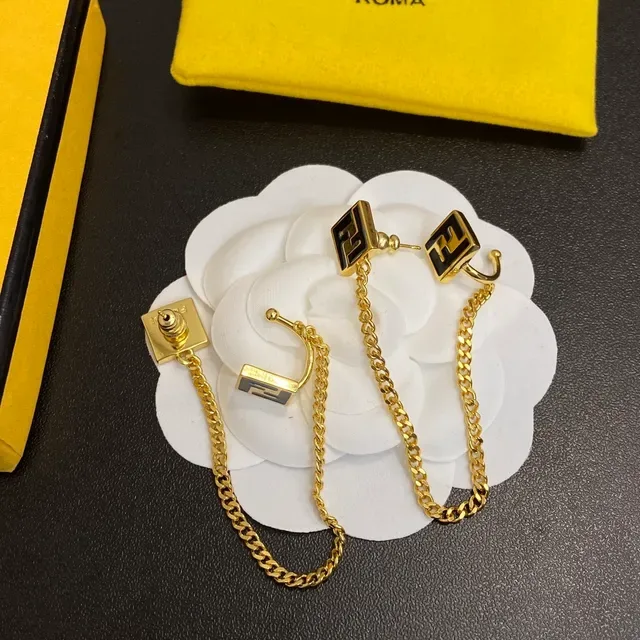 Fendi FF Chain Gold-Tone Black Enamel Earrings 5