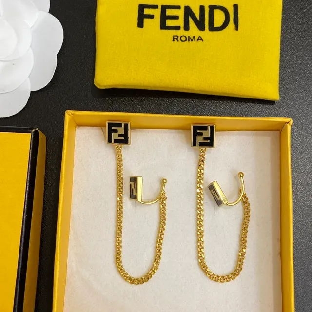 Fendi FF Chain Gold-Tone Black Enamel Earrings 6