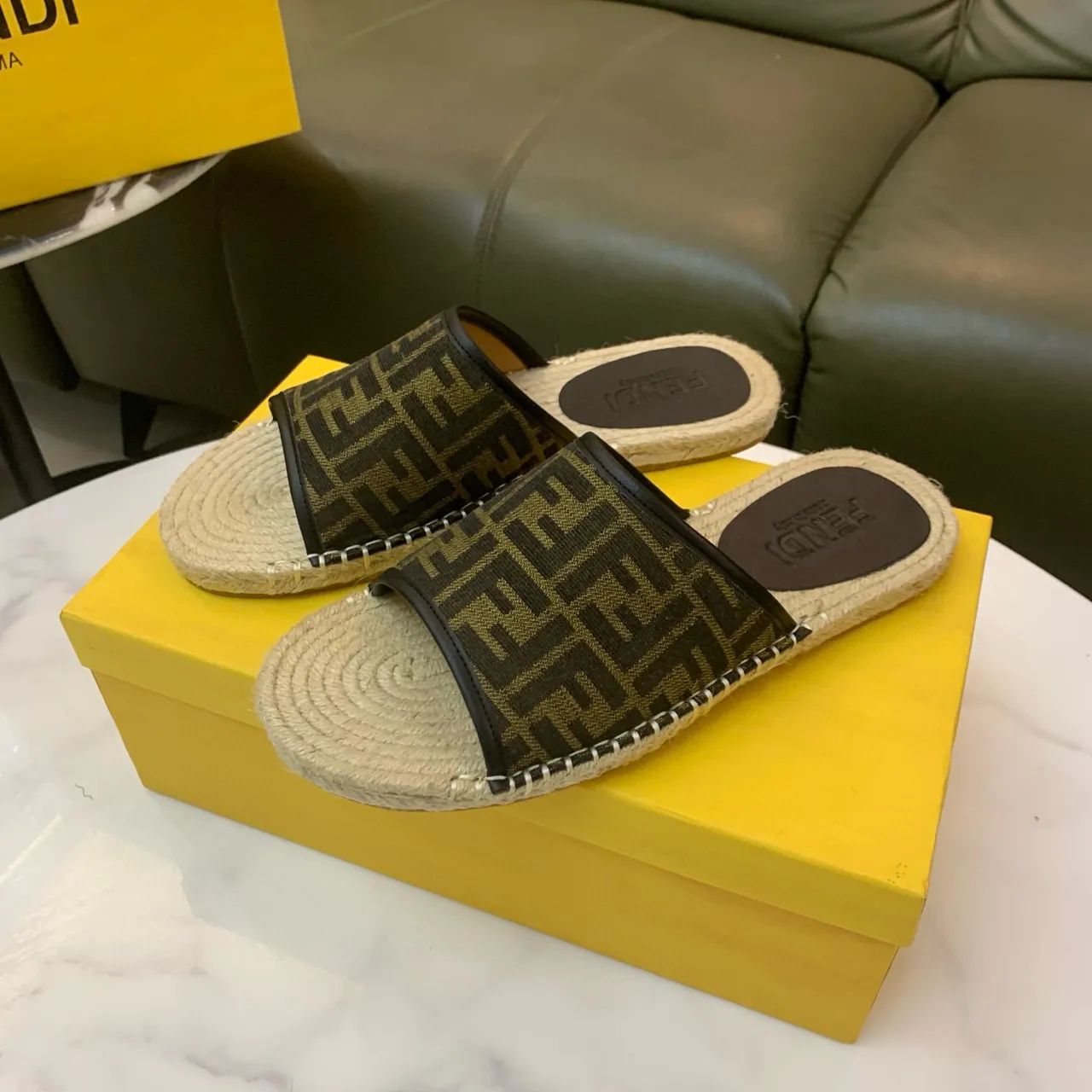 Fendi FF Espadrille Brown Beige Monogram Fabric Jute-Wrapped Sole Slippers 2