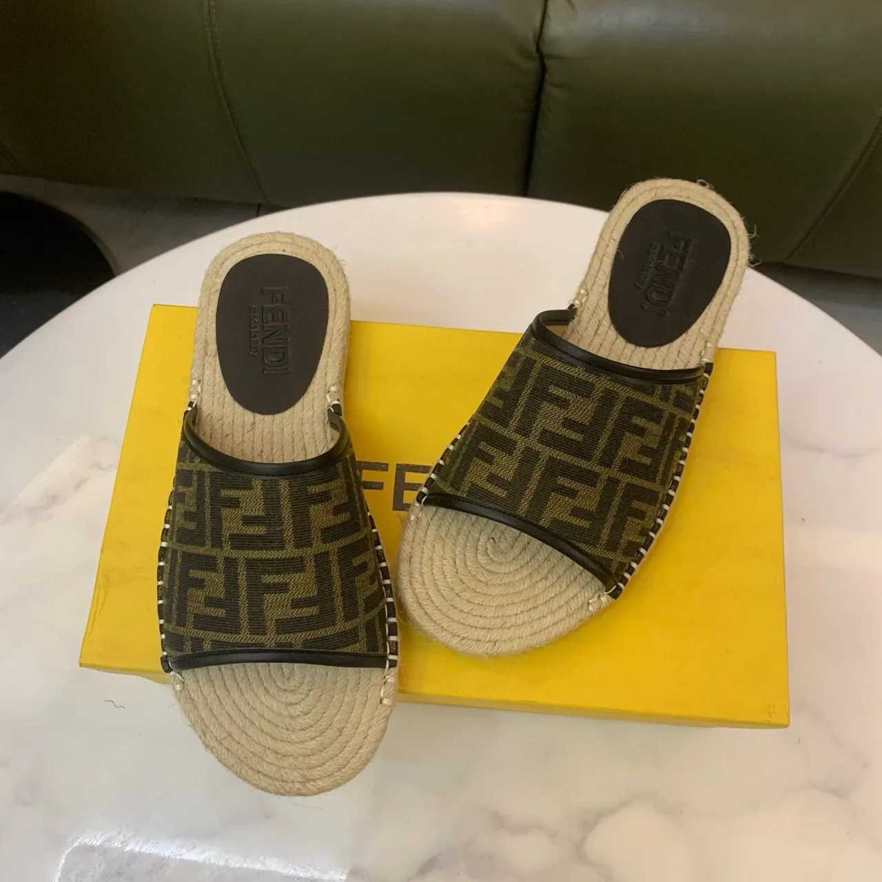 Fendi FF Espadrille Brown Beige Monogram Fabric Jute-Wrapped Sole Slippers 3