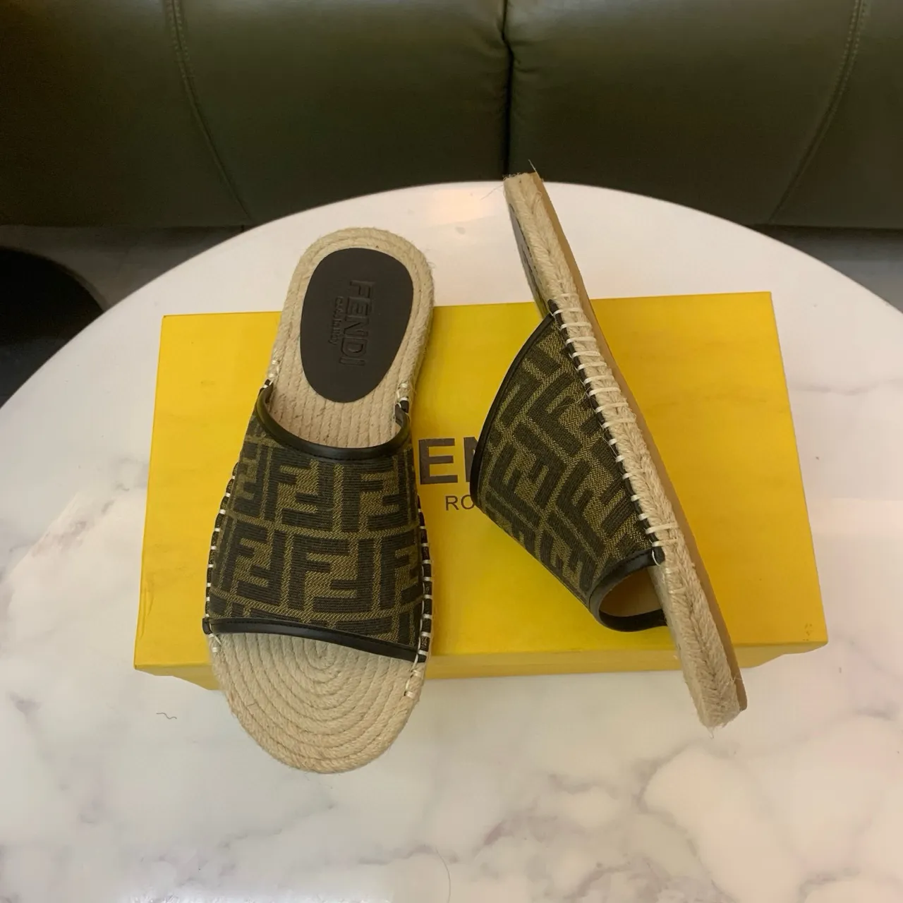 Fendi FF Espadrille Brown Beige Monogram Fabric Jute-Wrapped Sole Slippers 4