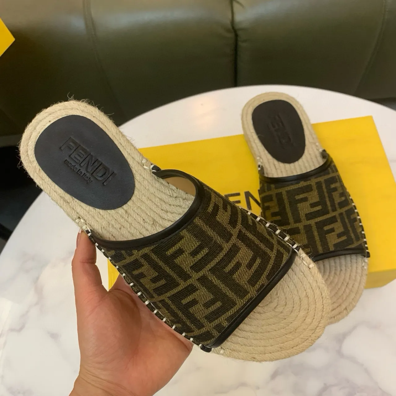 Fendi FF Espadrille Brown Beige Monogram Fabric Jute-Wrapped Sole Slippers 5