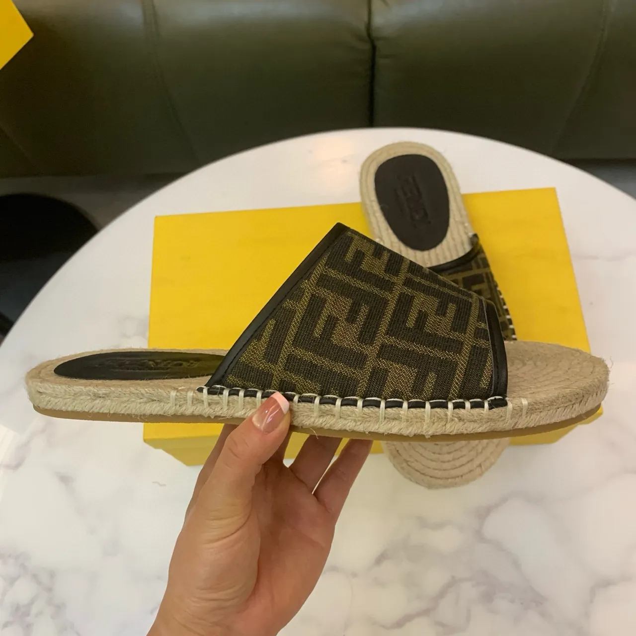 Fendi FF Espadrille Brown Beige Monogram Fabric Jute-Wrapped Sole Slippers 7