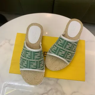 Fendi FF Espadrille Slides সবুজ বেইজ Monogram ক্যানভাস জুট-র‍্যাপড সোল স্লিপার