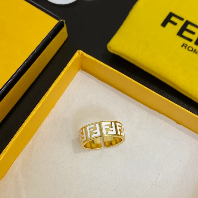 Fendi FF लॉगो अंगूठी सोने का काला धातु एनेमेल अंगूठी 5