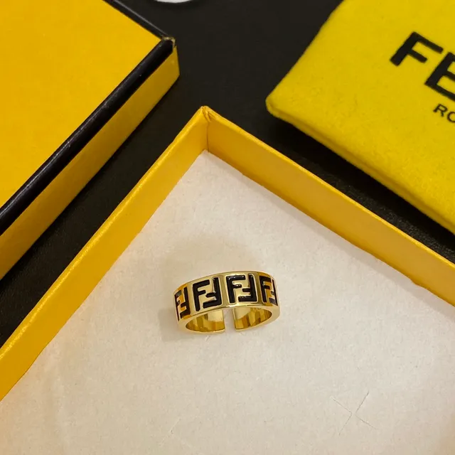 Fendi FF लॉगो अंगूठी सोने का काला धातु एनेमेल अंगूठी 7