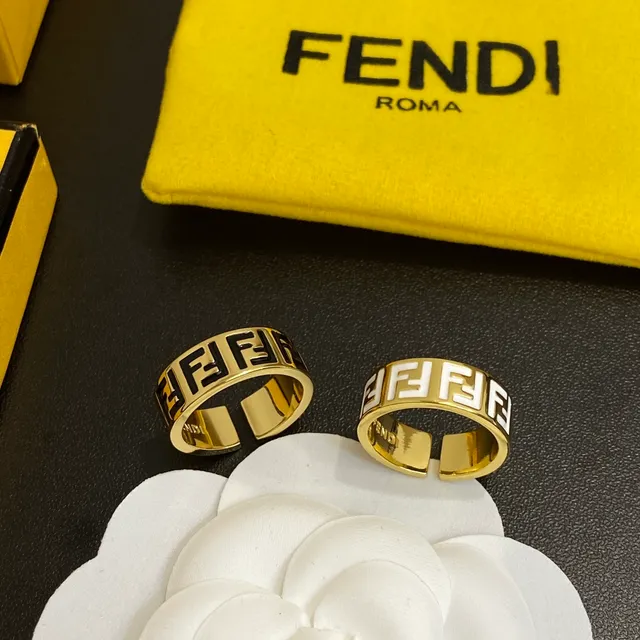 Fendi FF लॉगो अंगूठी सोने का काला धातु एनेमेल अंगूठी 8