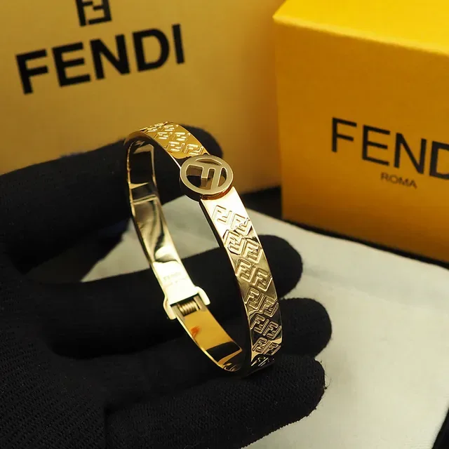 Fendi FF Monogram Bangle Gold Silver Engraved Circular Logo Clasp Bracelet 7