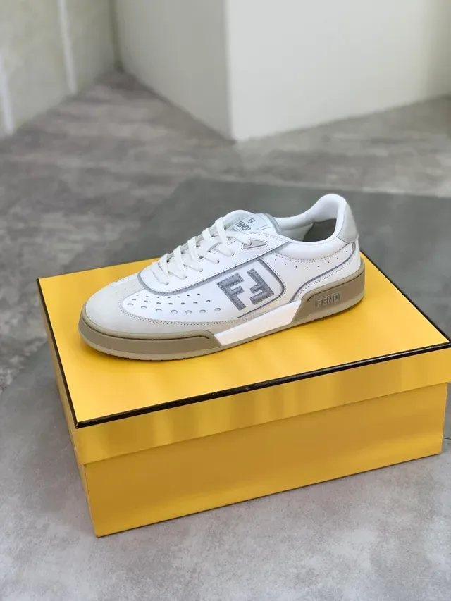 Fendi FF Sneaker White Beige Perforated Leather Lifestyle Sneaker 4