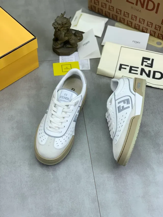 Fendi FF Sneaker White Beige Perforated Leather Lifestyle Sneaker 5