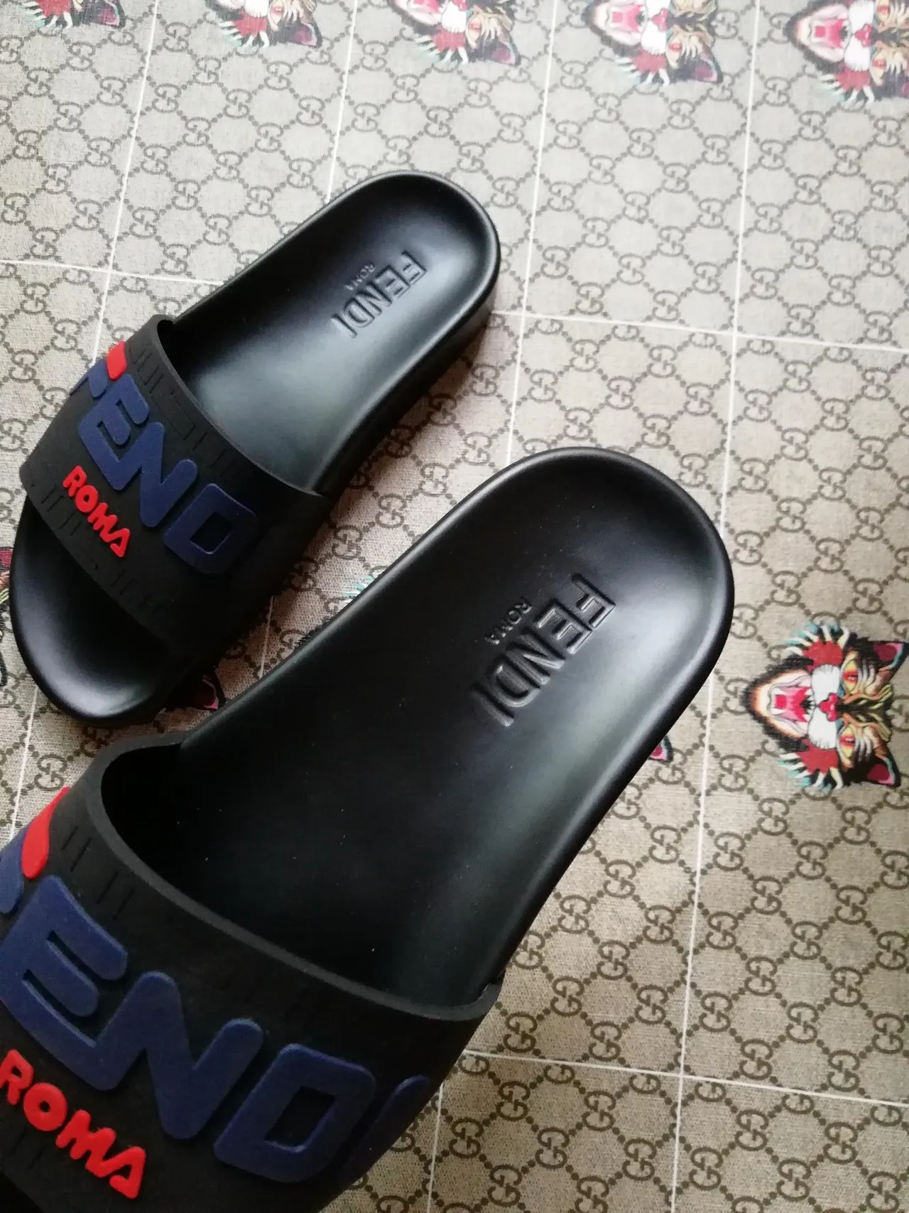 Fendi Roma Logo Slide Black Blue Red Slippers 2