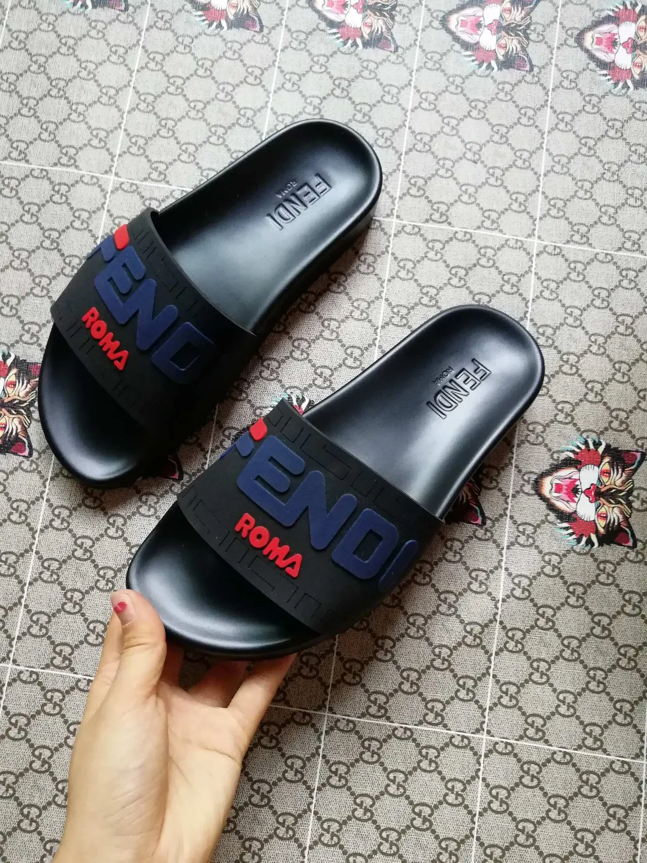Fendi Roma Logo Slide Black Blue Red Slippers 3