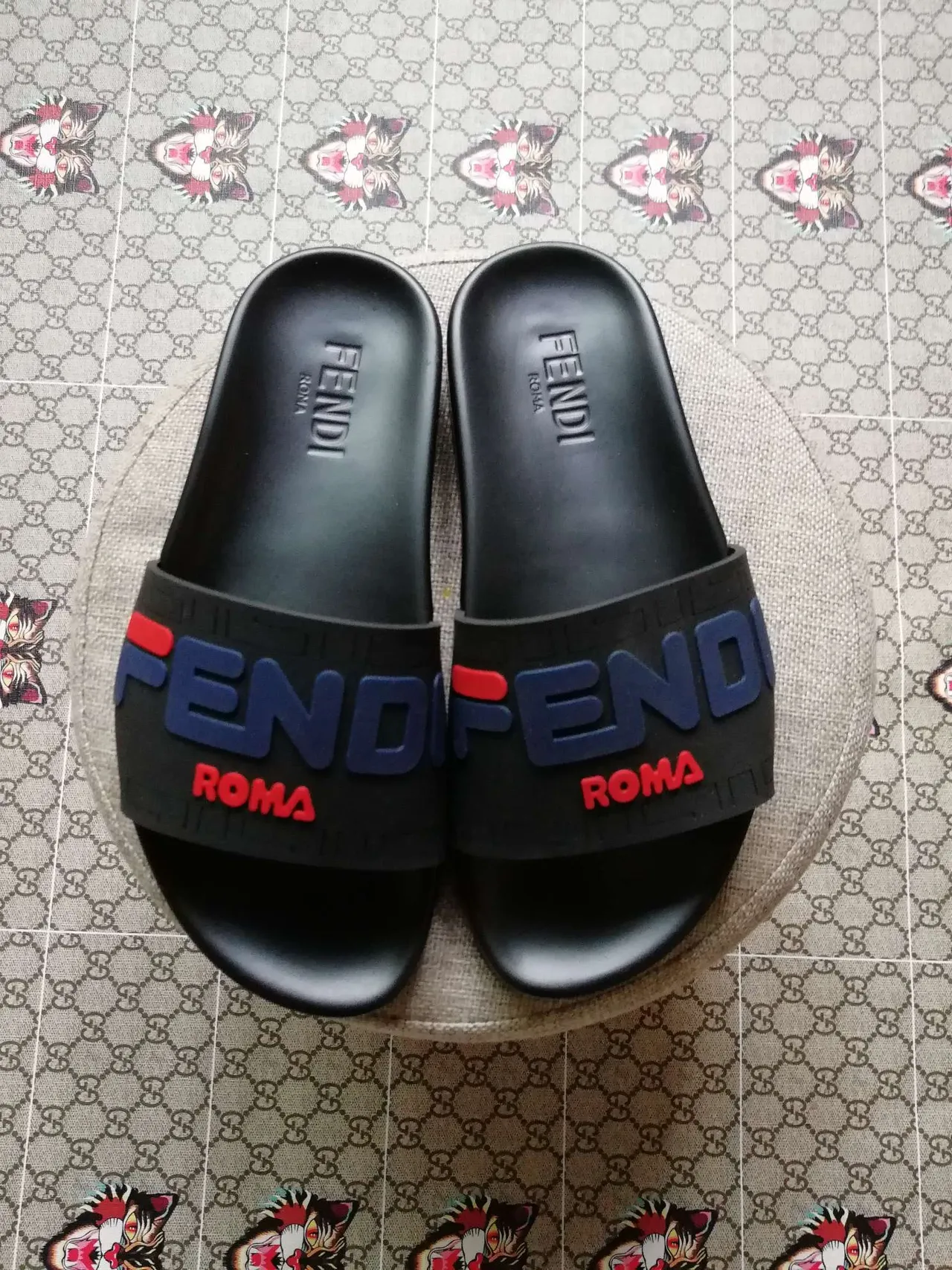 Fendi Roma Logo Slide Black Blue Red Slippers 4