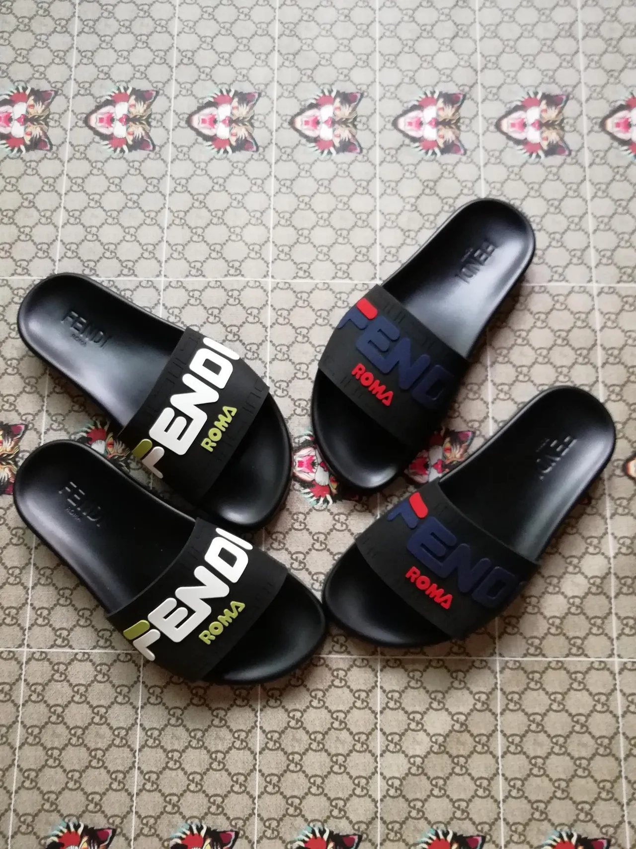 Fendi Roma Logo Slide Black Blue Red Slippers 5