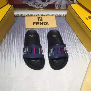 Fendi Slide Noir et Bleu Marine Multicolore FF Webbing Sandales