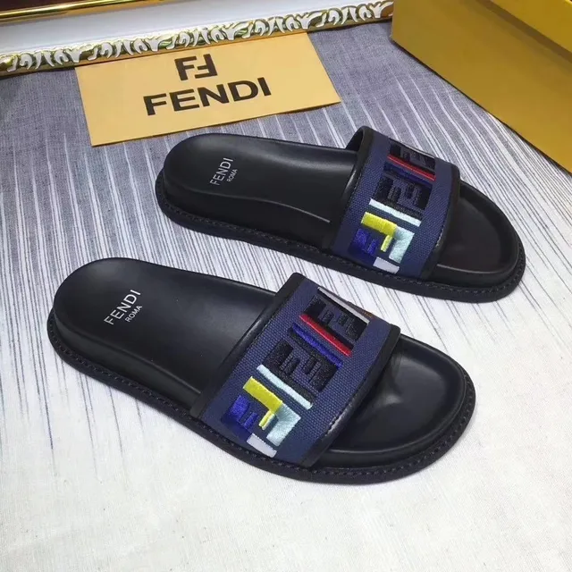 Fendi Slide Noir et Bleu Marine Multicolore FF Webbing Sandales 5