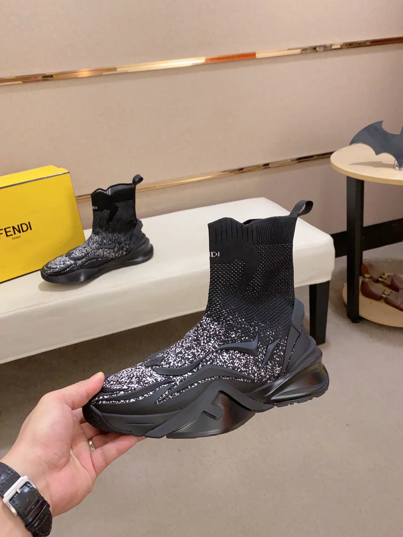 Fendi Speed Trainer 黑色斑点针织袜套式厚底运动鞋 8